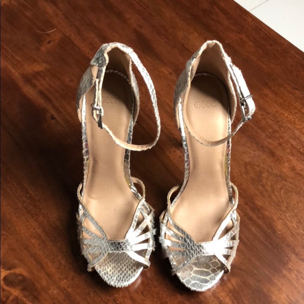 Silver ASOS Strapy heeled snake sandals